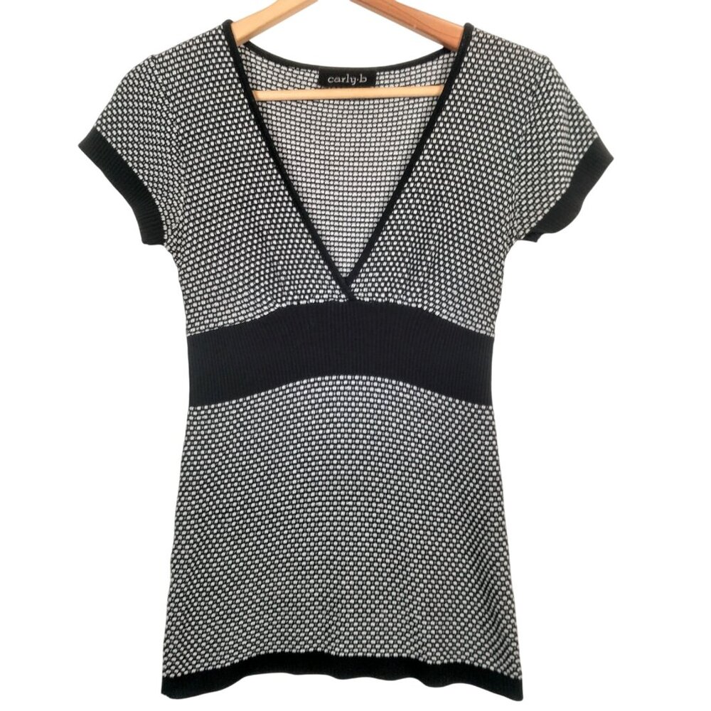 Vintage Y2K Carly B Shirt Women Small Birdseye Knit V Neck Slim Fit Black White